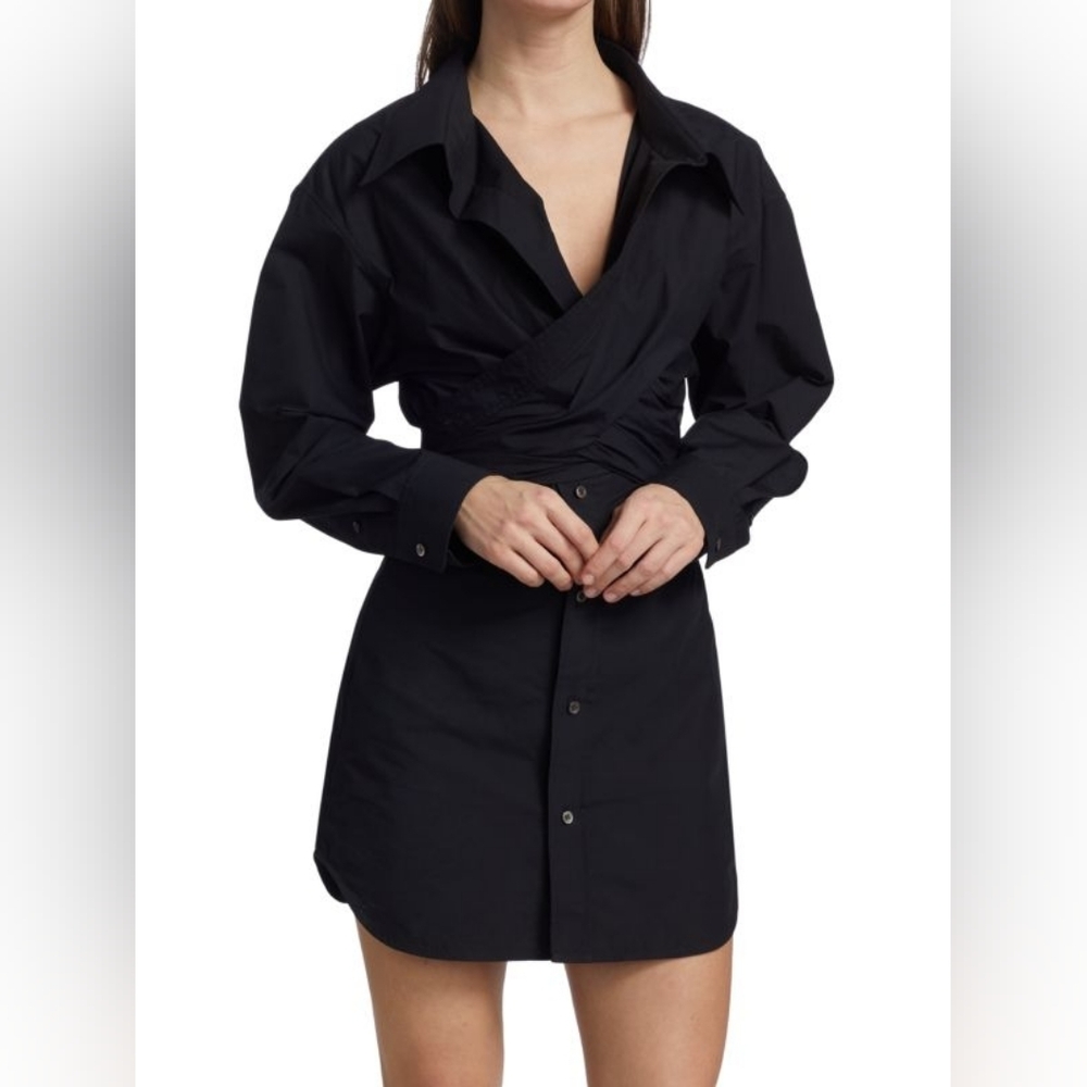 ALEXANDER WANG Cross Front Long Sleeve Cotton Shirtdress Black US 4 Org $395